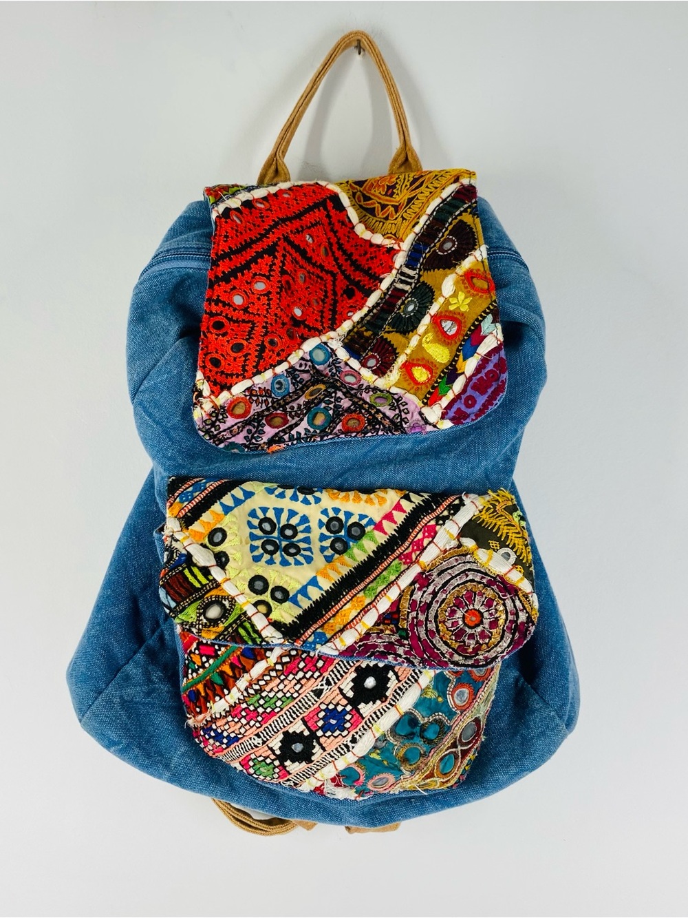 Boho Patchwork Denim Backpack - Multicolor